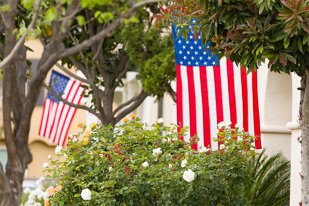 American flag in a neighborhood